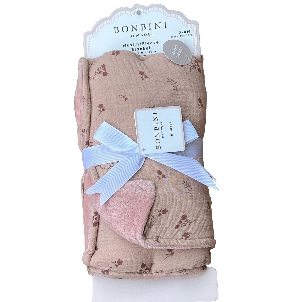BONBINI Muslin Fleece Baby Blanket Stepping Stones Tiny Flowers Pink Rev…